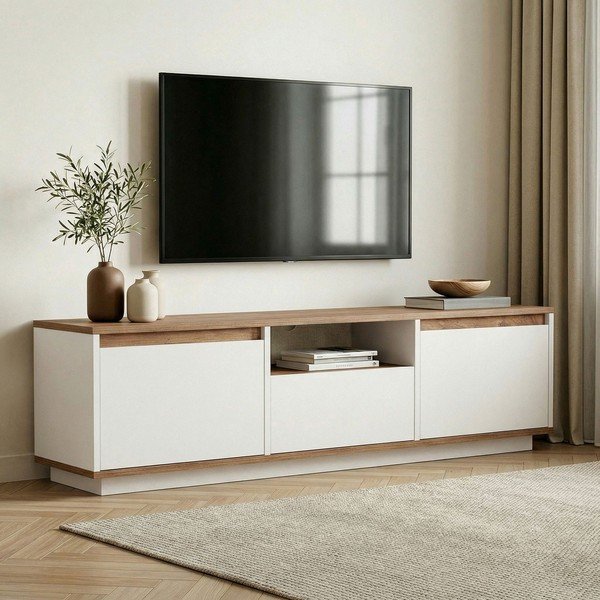 Mobile TV bianco/di colore naturale con effetto pino 160x42x30 cm Sentinel – Kalune Design-image-1