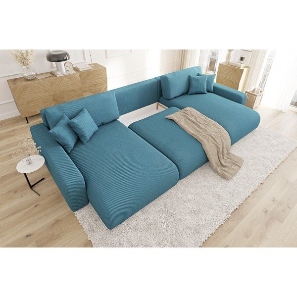 Divano angolare turchese allungabile/con contenitore (a U) con rivestimento in velluto a coste Sara – Ropez-image-4