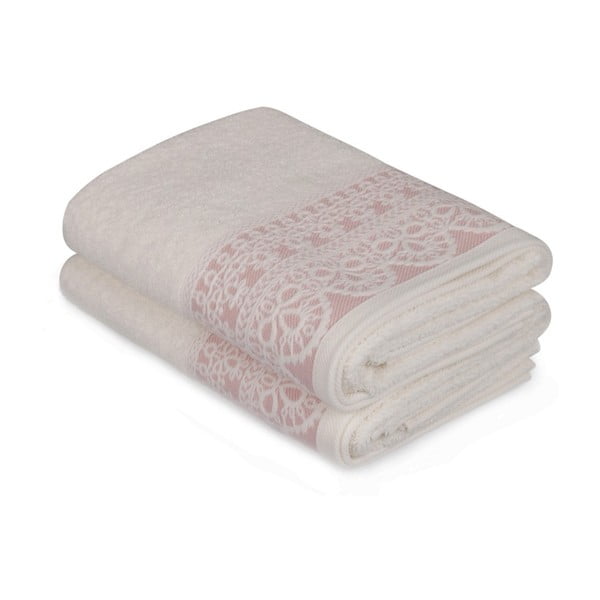 Set di due asciugamani bianchi con dettaglio rosa Romantica, 90 x 50 cm - Soft Kiss
