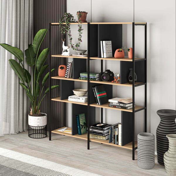 Libreria in rovere decorato in nero-naturale 144x175 cm Alabama - Marckeric-image-4