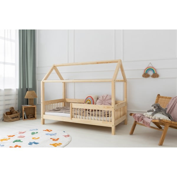 Letto da bambini a forma di casa/estraibile di colore naturale in pino massiccio con contenitore con rete inclusa 90x160 cm MBW – Adeko-image-2