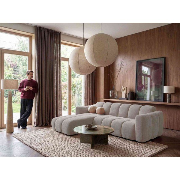 Divano angolare beige allungabile (con penisola a sinistra) con rivestimento in ciniglia Michell – Miuform-image-3