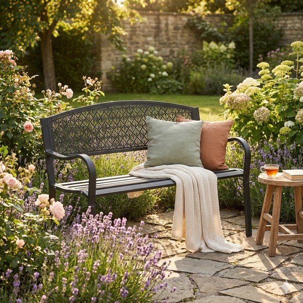 Panca da giardino color antracite in metallo Lizette – Bizzotto-image-1