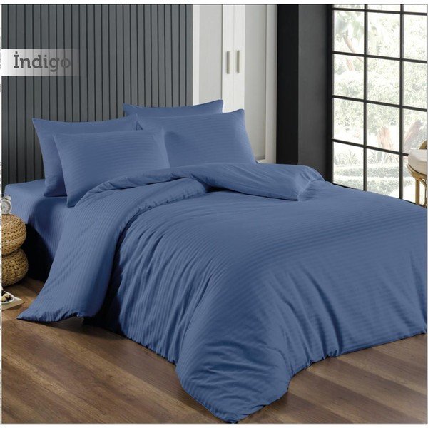 Set copripiumino e federa blu in tessuto damascato per letto matrimoniale/esteso con lenzuolo incluso 4 pz 200x220 cm – Mila Home-image-1