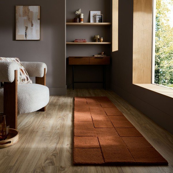 Passatoia color terracotta in lana tessuta a mano 60x230 cm Checkerboard – Flair Rugs-image-1