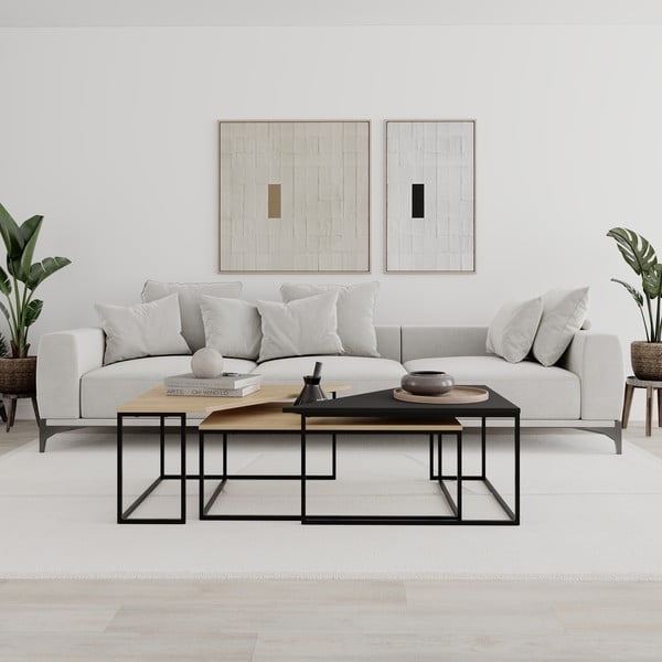 Set di 3 tavolini con piano in rovere decorato in colore naturale 70x110 cm Titan - Marckeric-image-1