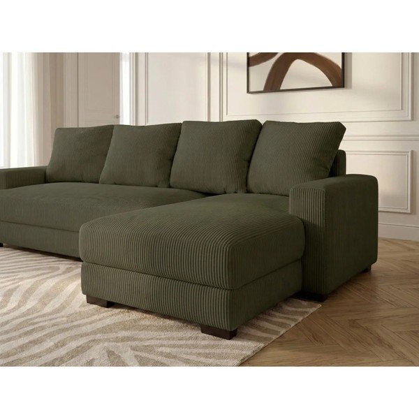 Divano angolare verde allungabile/con contenitore (con penisola a destra/con chaise lounge) con rivestimento in velluto a coste Campi – Bobochic Paris-image-4