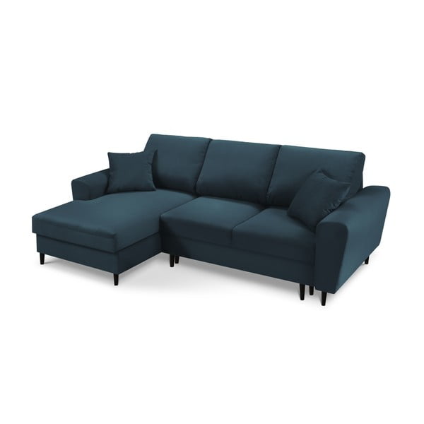 Divano angolare blu scuro allungabile e con contenitore (con penisola a sinistra/con chaise lounge) con rivestimento in velluto a coste Kyoto – Cosmopolitan Design-image-1