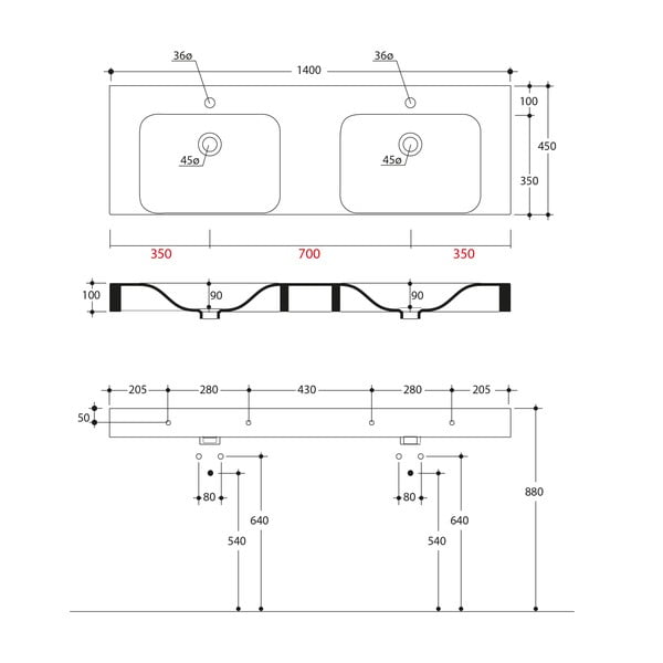 Doppio lavabo bianco in ceramica 140x45 cm Cento – Sapho-image-2