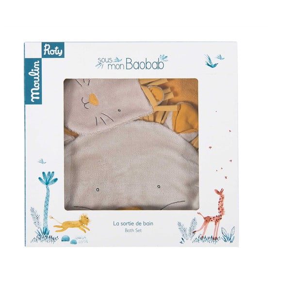 Set asciugamano bambino in cotone giallo con cappuccio e salvietta 80x114 cm Sous mon Baobab - Moulin Roty-image-3