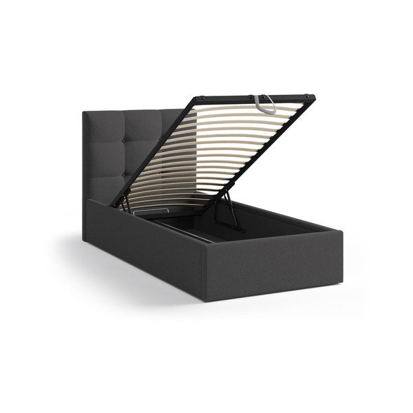 Letto singolo imbottito color antracite con contenitore con rete inclusa 90x200 cm Phaedra – Micadoni -image-1