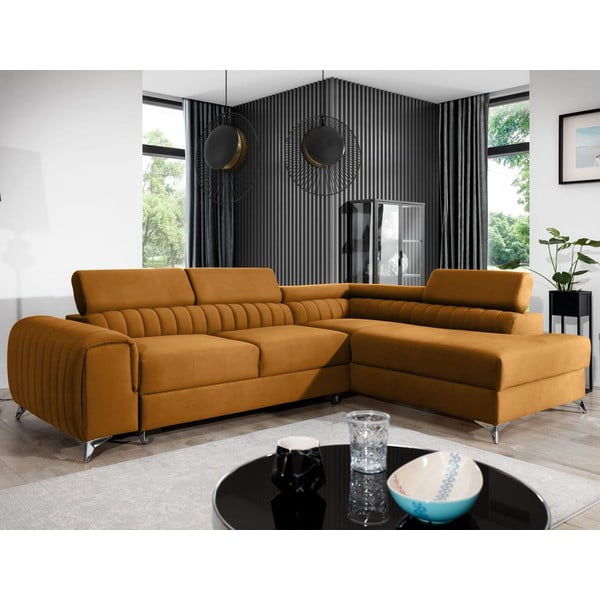 Divano angolare giallo allungabile/con contenitore (con penisola a destra/a L) e rivestimento in velluto Laurence – ELTAP-image-1