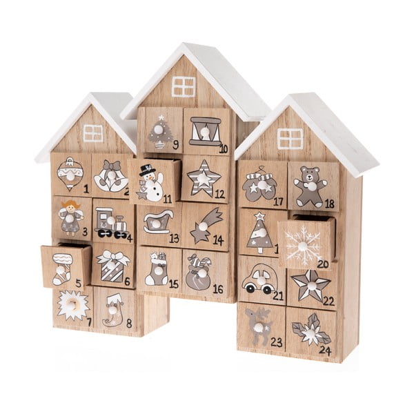 Dřevěný adventní kalendář ve tvaru domečků Dakls, výška 21,5 cm