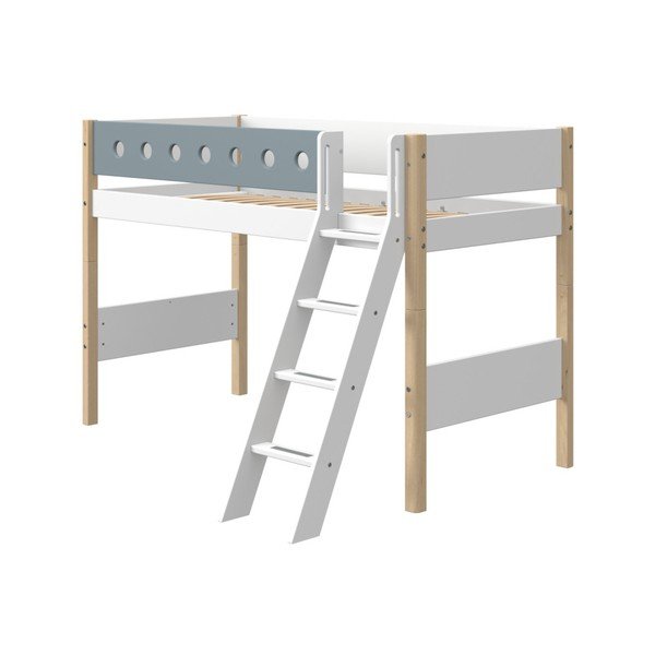 Modro-bílá dětská postel s žebříkem a nohami z březového dřeva Flexa White, výška 143 cm
