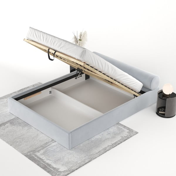 Letto matrimoniale imbottito grigio chiaro con contenitore e rete inclusi 200x200 cm Solvo – Maison de Rêve-image-4