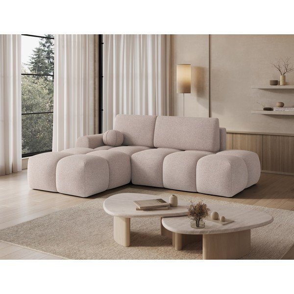 Divano angolare marrone chiaro allungabile/con contenitore (con penisola a sinistra/con chaise lounge) con rivestimento in bouclé Vittario – ELTAP-image-3