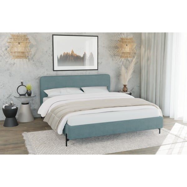 Letto matrimoniale imbottito azzurro con griglia 160x200 cm Barker - Ropez-image-2