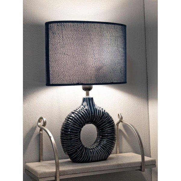 Lampada da tavolo blu in ceramica con paralume in tessuto (altezza totale 43 cm) Seta – Mauro Ferretti-image-1