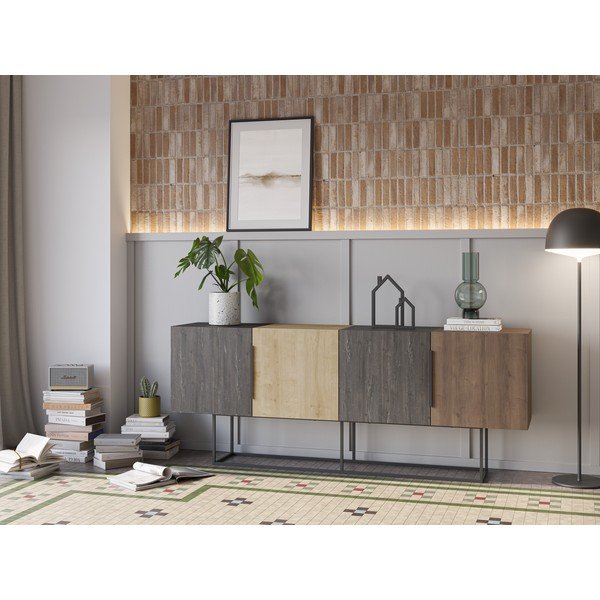 Cassettiera bassa in rovere decorato in colore marrone-naturale 200x80 cm Titan - Marckeric-image-1