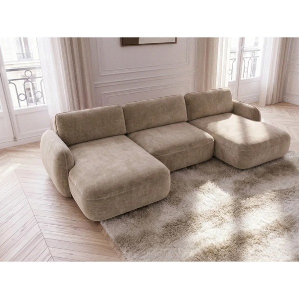 Divano angolare beige allungabile/con contenitore (a U) con rivestimento in velluto Celeste – Bobochic Paris-image-1