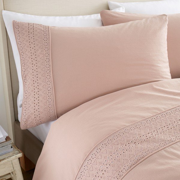 Set copripiumino e federa rosa per letto matrimoniale e per letto esteso 230x220 cm Broderie Anglaise – Catherine Lansfield-image-2