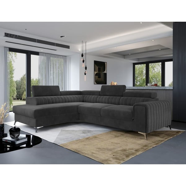 Divano angolare grigio scuro allungabile/con contenitore (con penisola a sinistra/a L) e rivestimento in velluto Laurence – ELTAP-image-1
