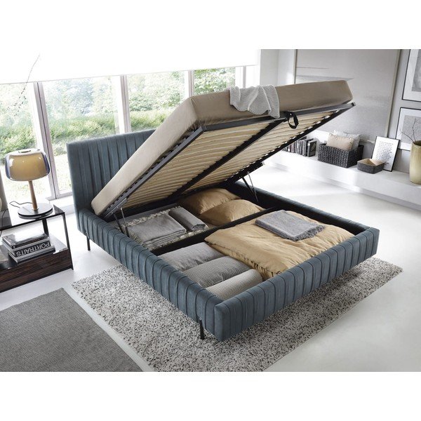 Letto matrimoniale imbottito blu con contenitore e rete inclusi 180x200 cm Plissa – ELTAP-image-2