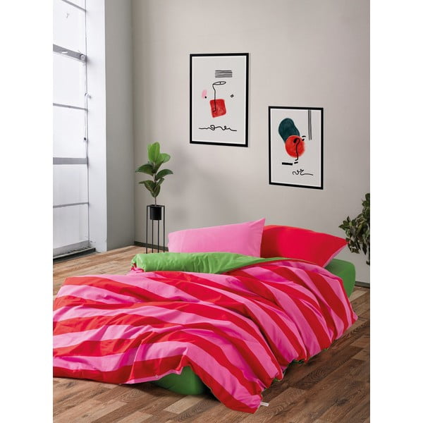 Set copripiumino e federa verde/rosa in cotone renforcé per letto matrimoniale/per letto esteso con lenzuolo incluso/4 pezzi 200x220 cm Cherie – Mijolnir-image-1