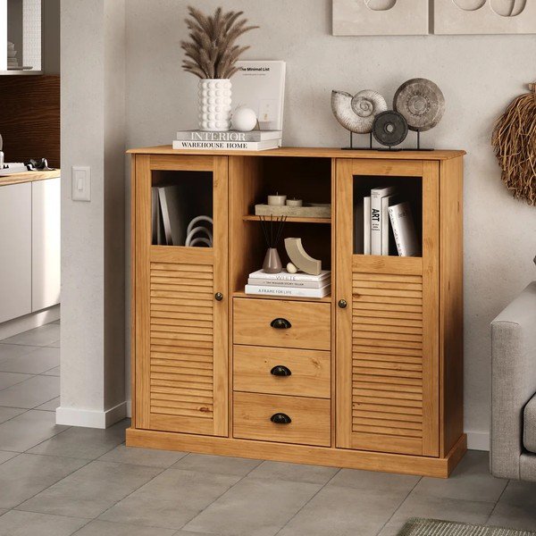 Armadietto colore naturale chiaro in pino massiccio 127x116x38 cm Edith – Støraa-image-1