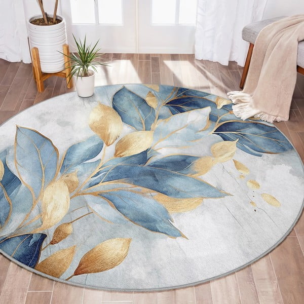 Tappeto rotondo blu/dorato lavabile ø 80 cm Golden Leaves – Mila Home-image-1