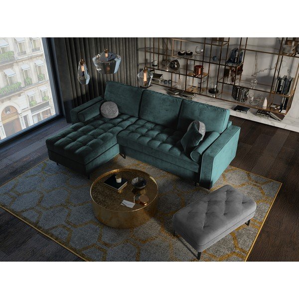 Divano letto angolare in velluto verde petrolio, angolo sinistro Santo - Milo Casa-image-1