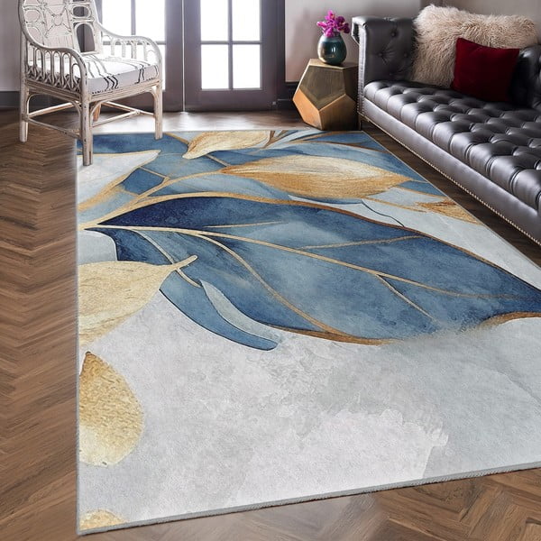 Tappeto blu/dorato lavabile 160x230 cm Golden Leaves – Mila Home-image-4
