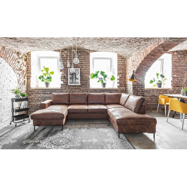 Divano letto a U marrone in similpelle Vintage, angolo destro Lofty Lilly - Miuform-image-1