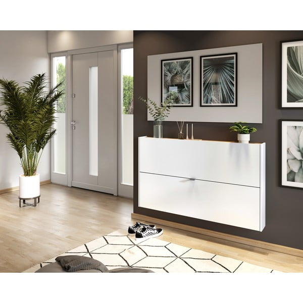 Scarpiera bianca effetto rovere con ante ribaltabili e da parete 140x83x18 cm Ameca – Germania-image-4