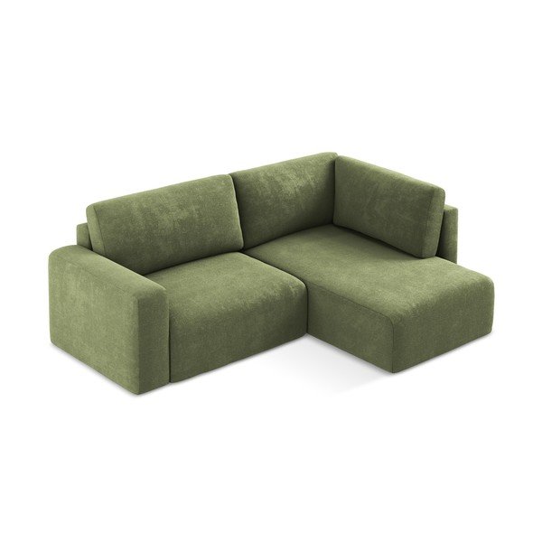 Divano angolare verde allungabile/con contenitore (con penisola a destra/a L) con rivestimento in ciniglia Kona – Makamii-image-3