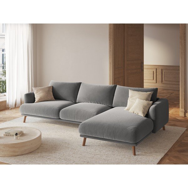 Divano angolare grigio (con penisola a destra/con chaise lounge) con rivestimento in velluto Naomi – Micadoni -image-1