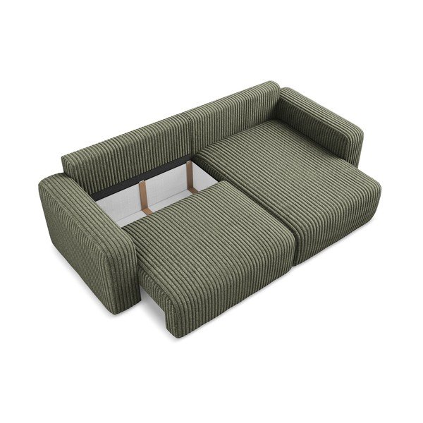 Divano angolare verde allungabile/con contenitore (con penisola a destra/con chaise lounge) con rivestimento in velluto a coste Kona – Makamii-image-4