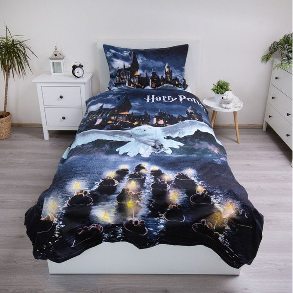 Set copripiumino e federa da bambini blu scuro/grigio in microfibra per letto singolo 140x200 cm Harry Potter "Hogwarts Night" – Jerry Fabrics-image-1