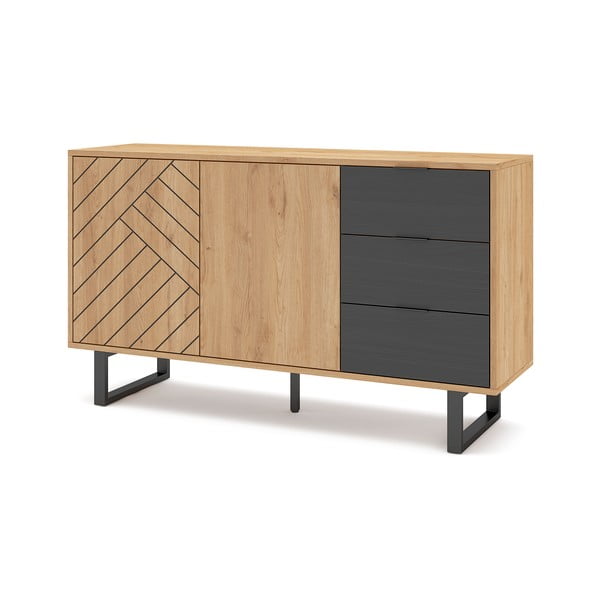 Cassettiera bassa antracite/naturale in rovere 140x80 cm Madona - Marckeric-image-3