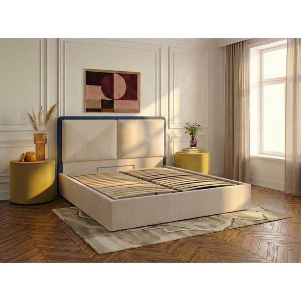 Letto matrimoniale blu/beige imbottito con contenitore con rete inclusa 180x200 cm Mara – Bobochic Paris-image-2
