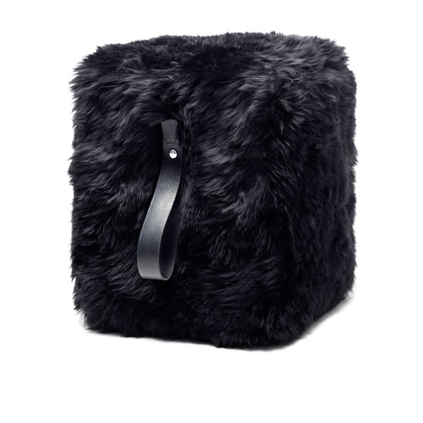 Pouf in pelle di pecora nera con passante nero , 45 x 45 cm - Royal Dream