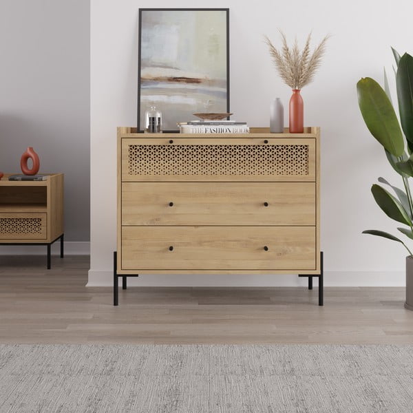 Cassettiera bassa in rovere decorato in colore naturale 90x80 cm Mayra - Marckeric-image-1