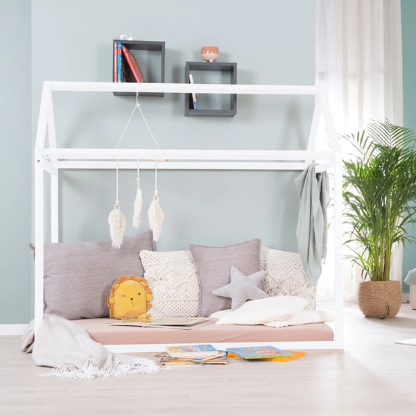 Letto da bambini a forma di casa bianco in pino massiccio con materasso incluso e rete non inclusa 70x140 cm House Bed – Roba-image-3