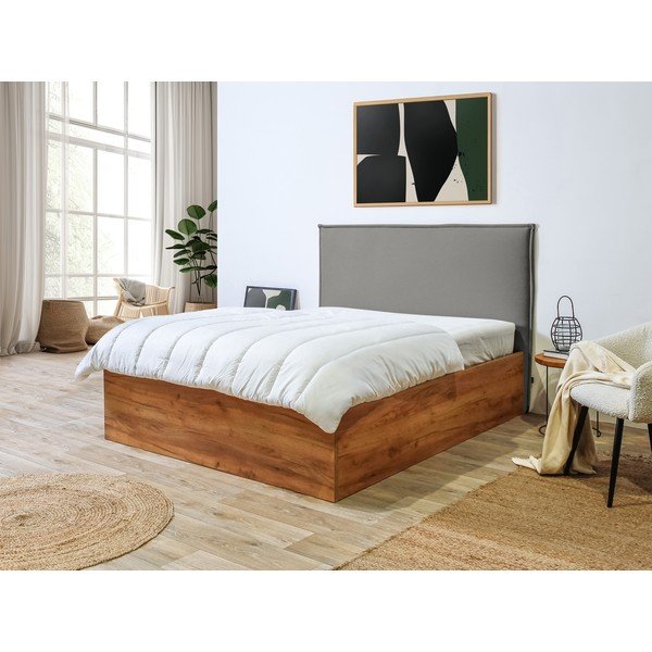 Letto matrimoniale grigio-naturale con contenitore con griglia 140x190 cm Cara - Bobochic Paris-image-1