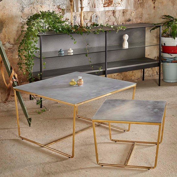 Set di 2 tavolini con base dorata e piano in marmo grigio Stella - RGE