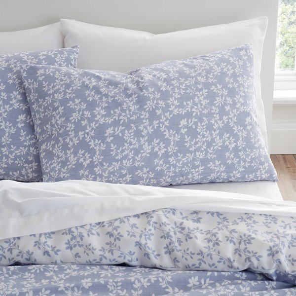 Set copripiumino e federa blu in percalle di cotone per letto matrimoniale/per letto esteso 3 pezzi 230x220 cm Shadow Leaves – Bianca-image-3
