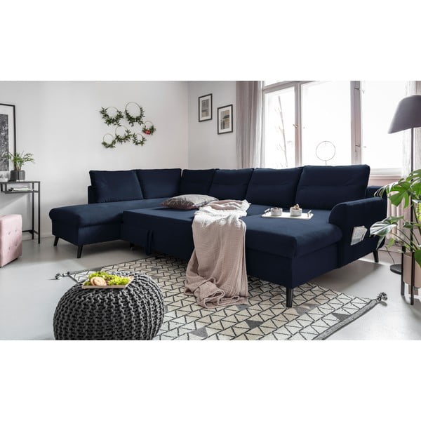 Divano letto a U in velluto blu scuro, angolo sinistro Stylish Stan - Miuform-image-4