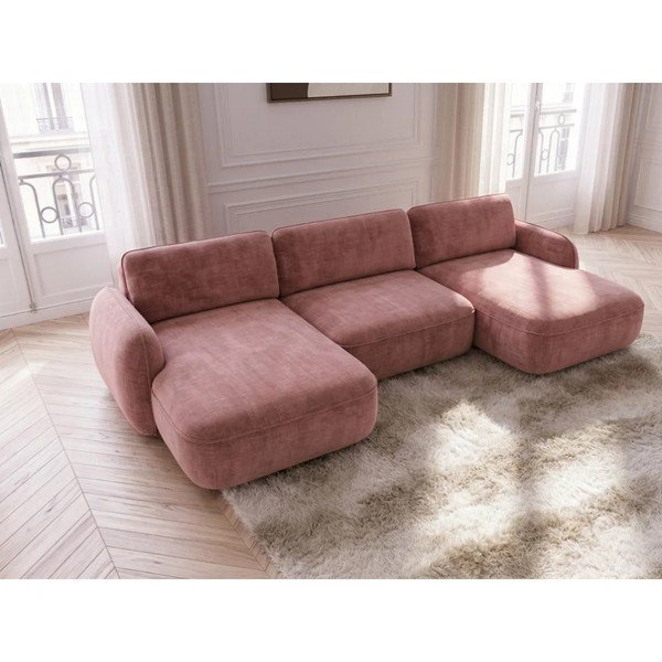 Divano angolare rosa allungabile/con contenitore (a U) con rivestimento in velluto Celeste – Bobochic Paris-image-3