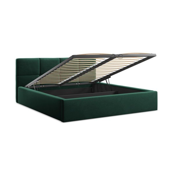 Letto matrimoniale imbottito verde scuro in velluto con contenitore con rete inclusa 140x200 cm Hiko – Makamii-image-2