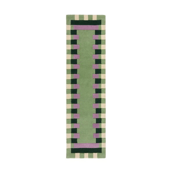 Passatoia verde in lana e viola tessuto a mano 60x230 cm Kai Wool Border - Flair Rugs